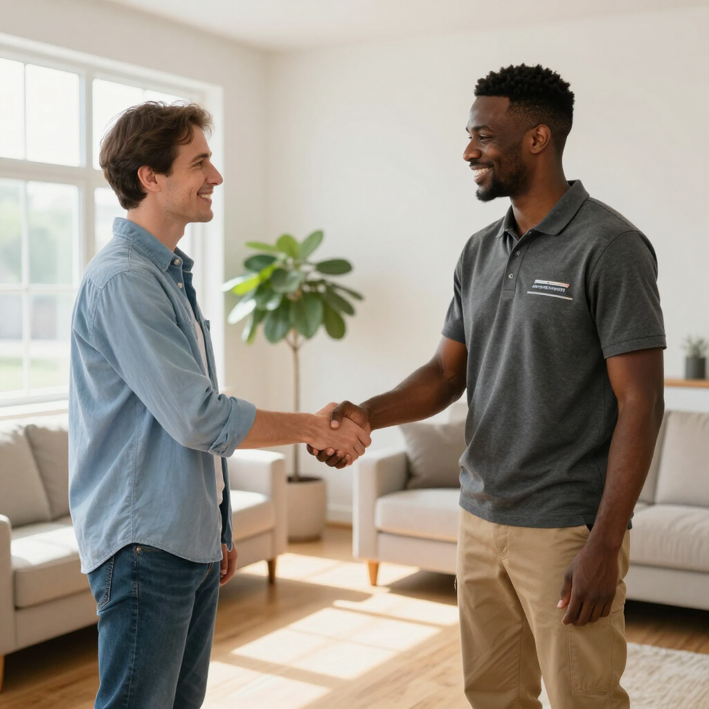 Two men shake hands in a bright living room with a couch and potted plant.