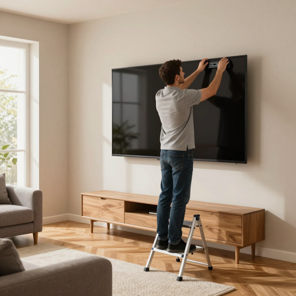 Person mounting a large flat-screen TV on a wall in a bright living room.