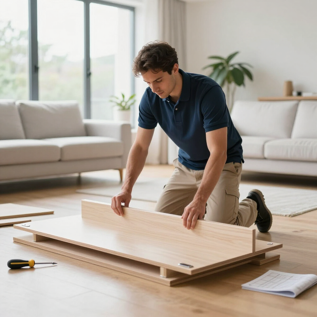 Man assembling a wooden cabinet panel in a bright living room, with tools and instruction sheet nearby