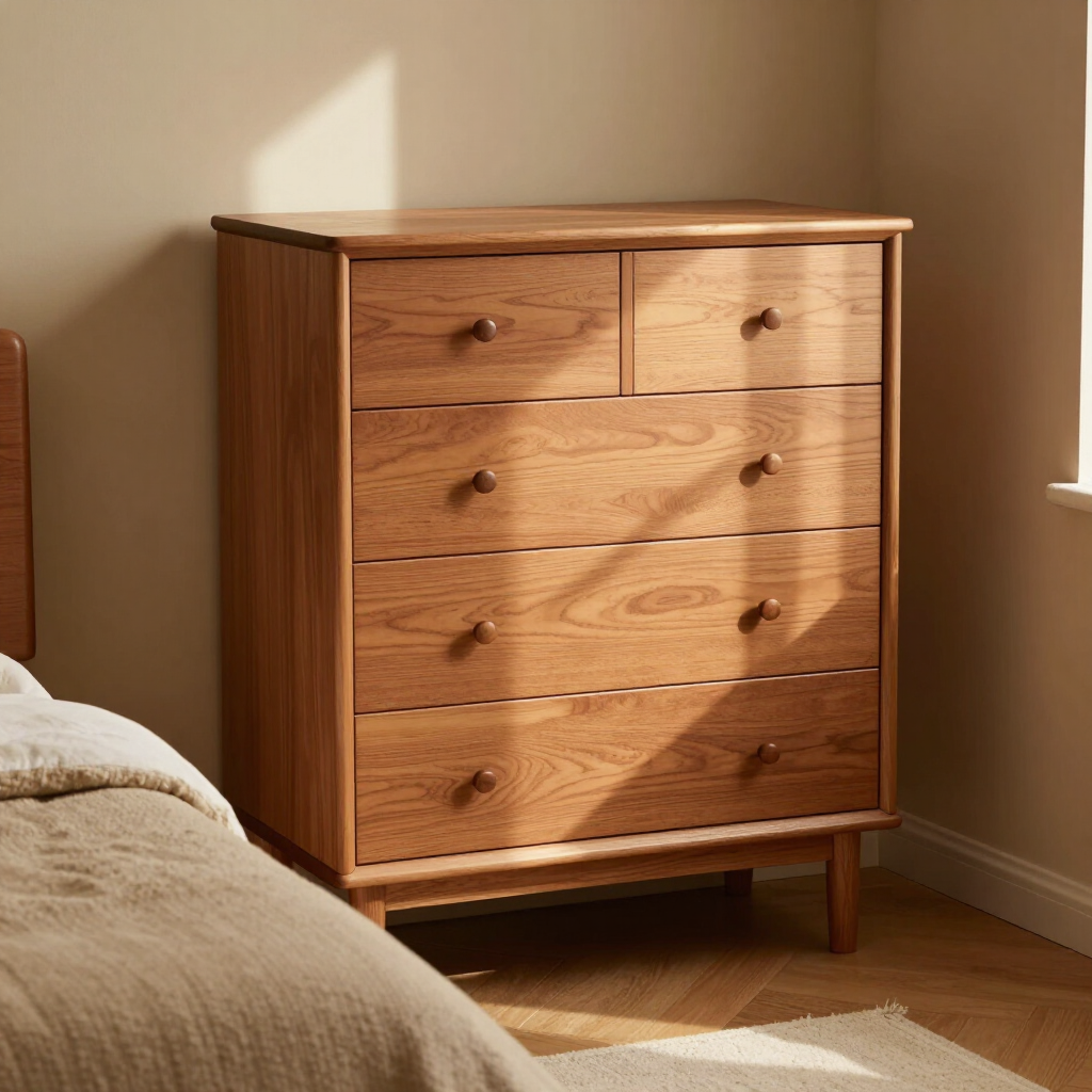 Wooden chest of drawers in a sunlit bedroom beside a bed and window.