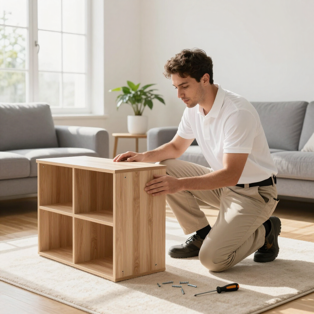 Man assembling a wooden shelf in a bright living room with couch, window, and tools nearby