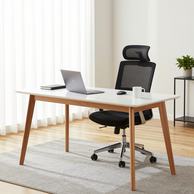 Modern home office with a wooden desk, laptop, ergonomic chair, and small plant near a window