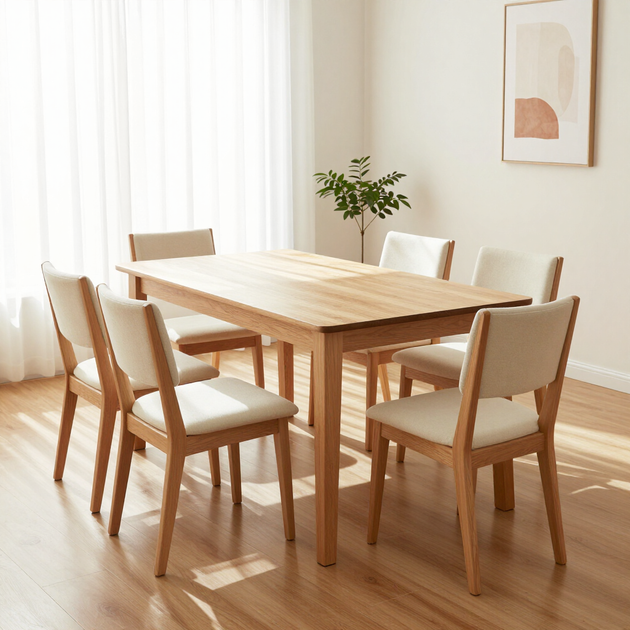 Bright dining room with a wooden table, four chairs, sheer curtains, and a small potted plant.