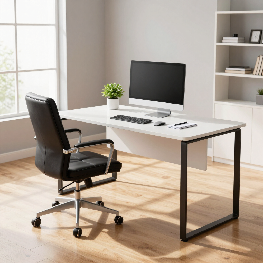 Modern home office with black chair, white desk, monitor, and small plant by a window.