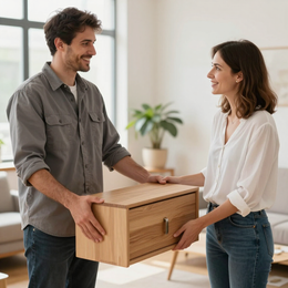 Two people exchanging a small wooden drawer in a bright room