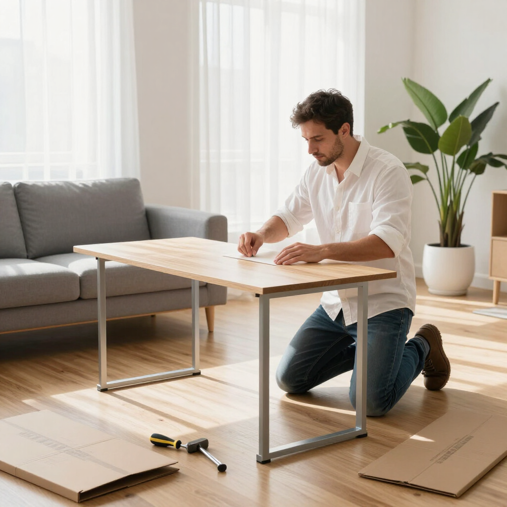 Man kneeling beside a small table, assembling it in a bright living room with tools and cardboard on the floor