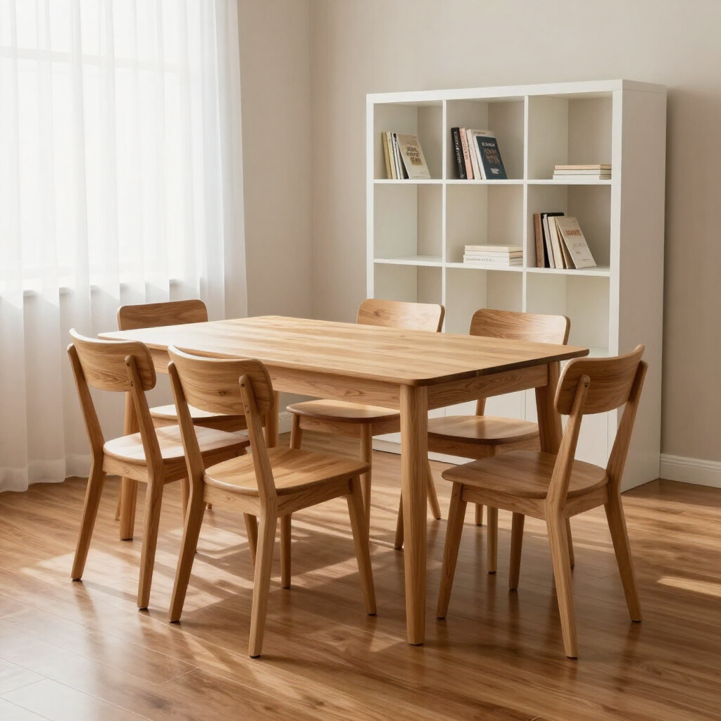 Wooden dining table with six chairs in a bright room beside a white bookshelf and window curtains