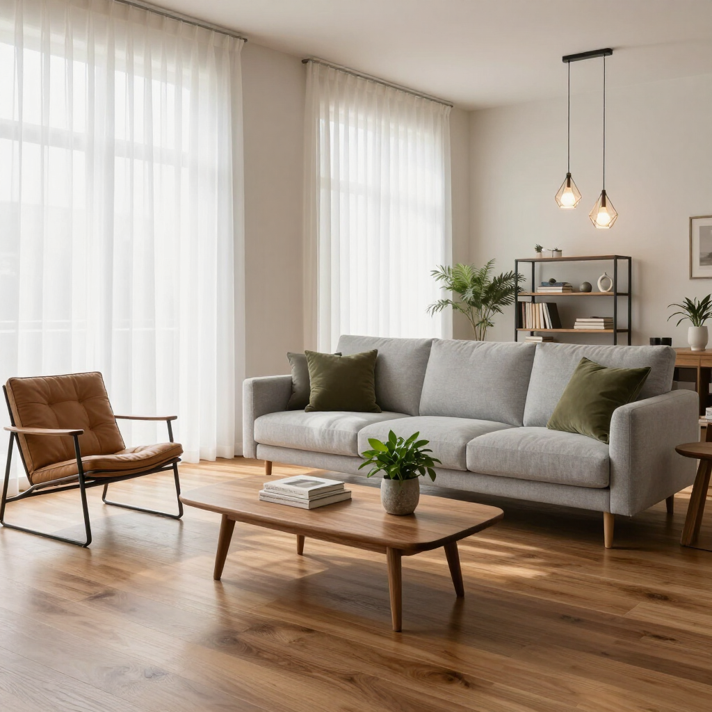 Bright modern living room with gray sofa, wooden coffee table, leather chair, and large windows
