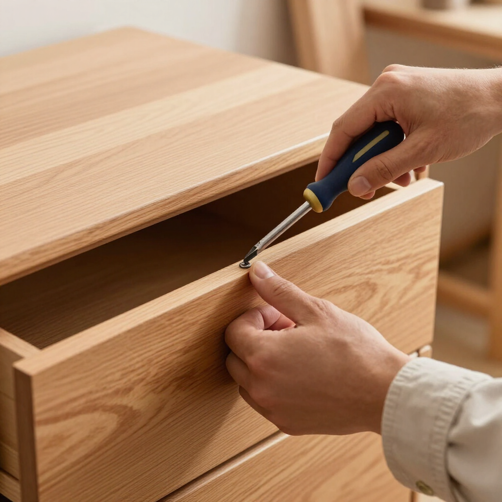 Hands tightening a drawer screw with a screwdriver on a light wood cabinet
