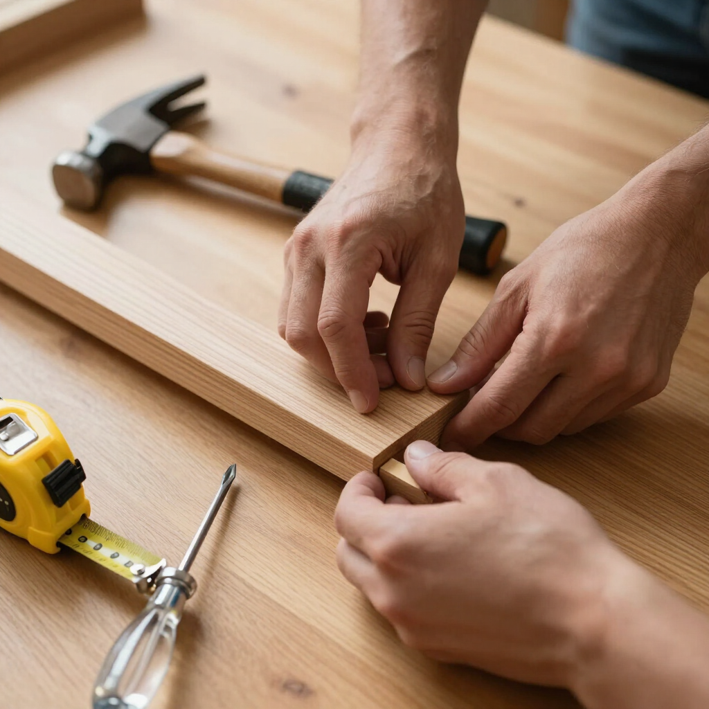 Hands measuring a wooden board with a tape measure beside a hammer and screwdriver on a workbench