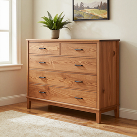 Wooden dresser with six drawers, a potted plant, and framed landscape art in a sunlit room.