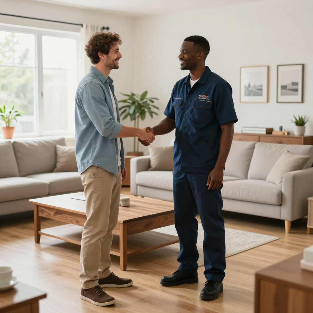 Two men shake hands in a bright living room with beige sofas and a wooden coffee table.