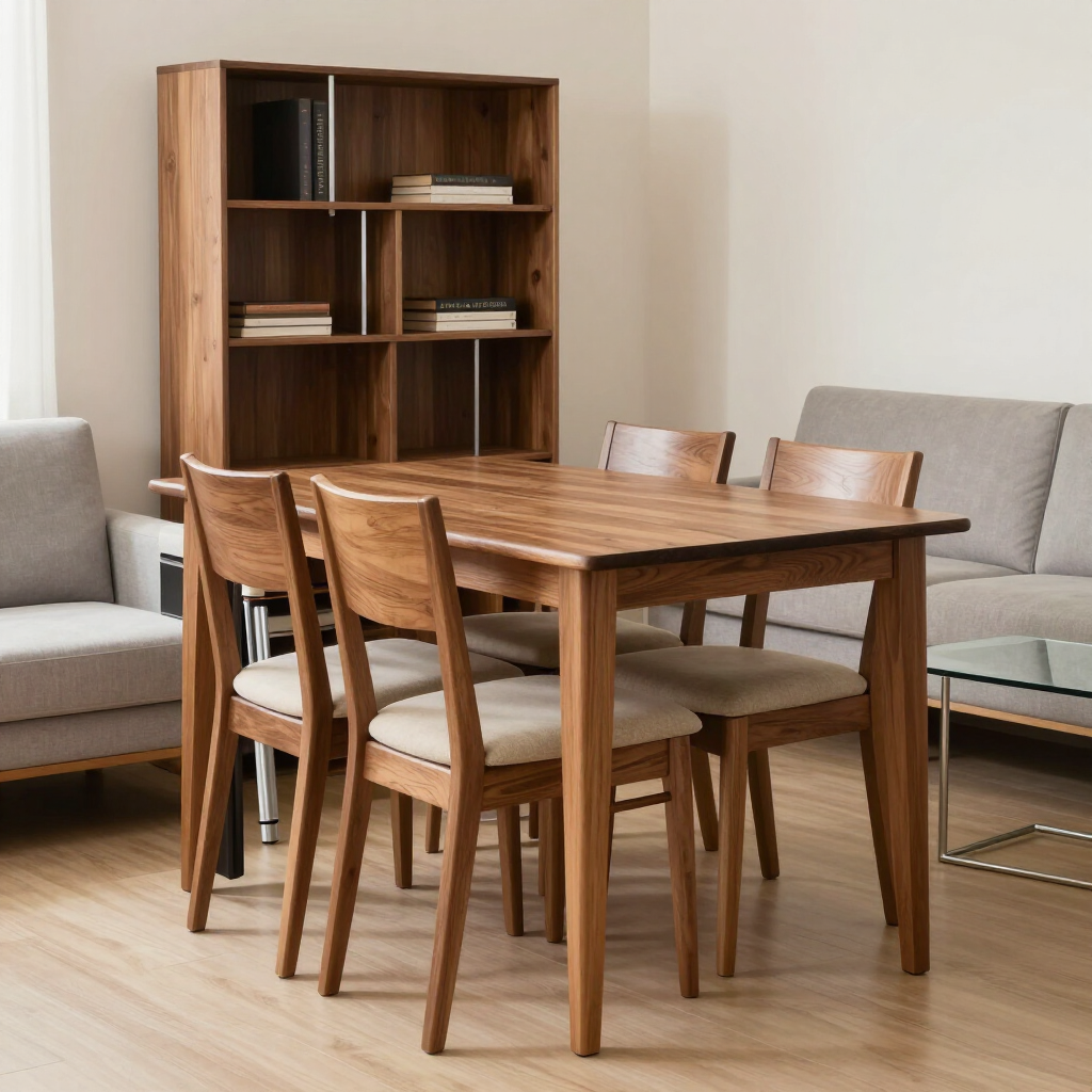 Wooden dining table with four chairs in a bright living room, with a bookshelf and sofas nearby