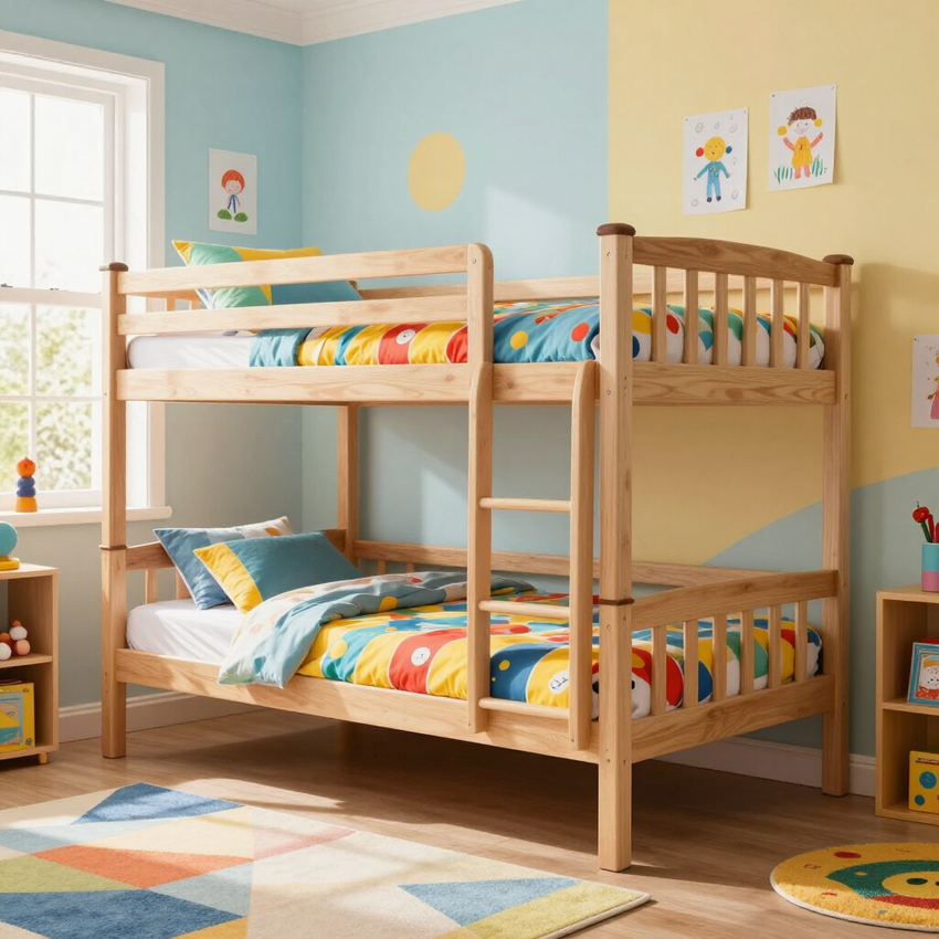Wooden bunk bed in a bright child’s bedroom with colorful bedding and toys on the floor