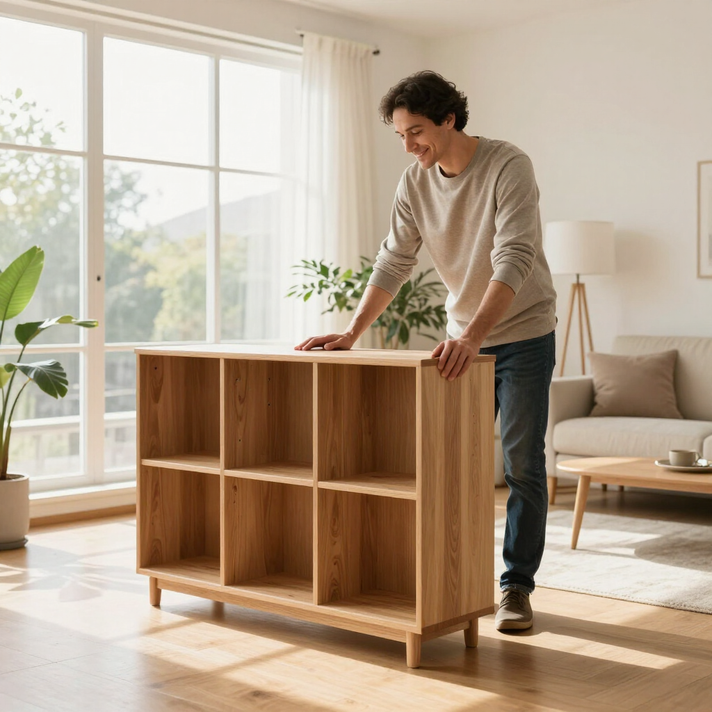 Person assembling a wooden cubby shelf in a bright living room with large windows.