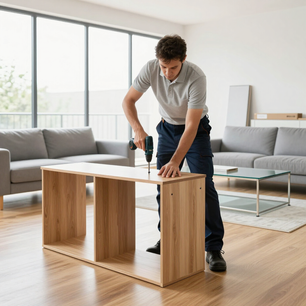 Man assembling a wooden cabinet with a drill in a bright living room