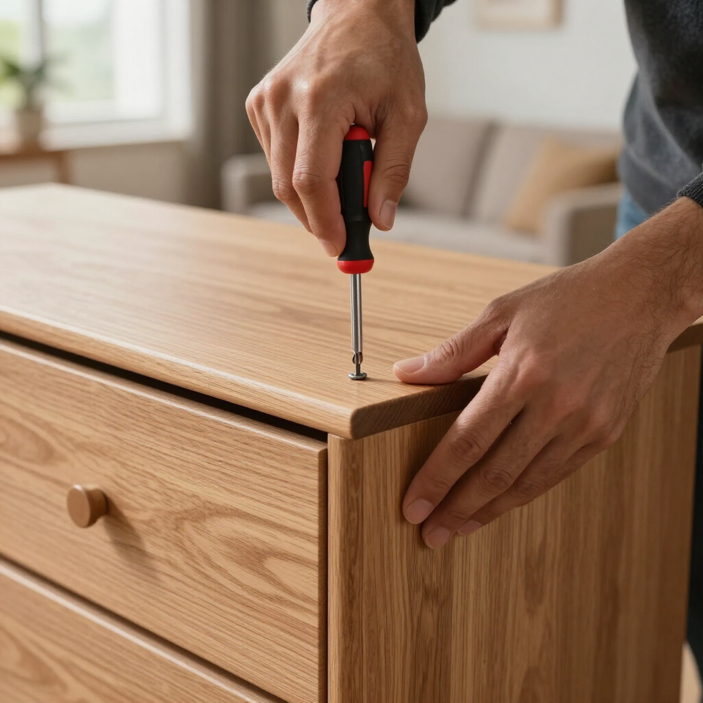 Hands using a screwdriver to assemble a wooden drawer cabinet.