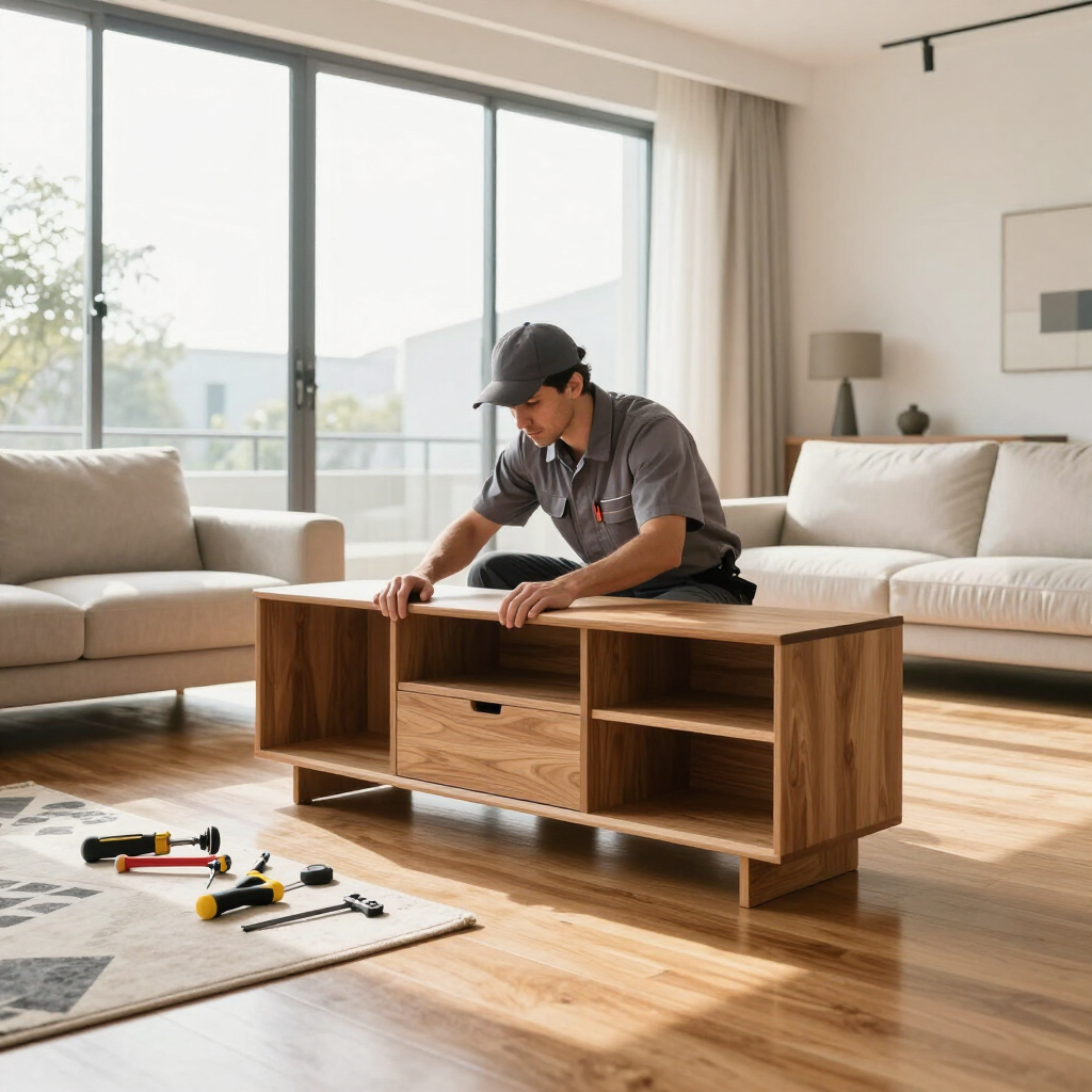 Person assembling a wooden coffee table in a bright living room, with tools on the floor.