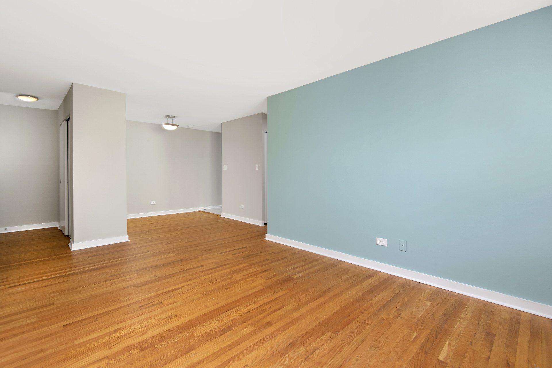 An empty living room with hardwood floors and blue walls at Reside on Pine Grove.