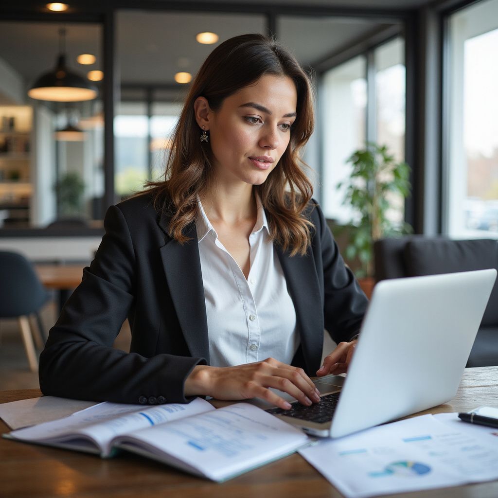 Woman in a black blazer works on a laptop at a desk with papers in a modern office.