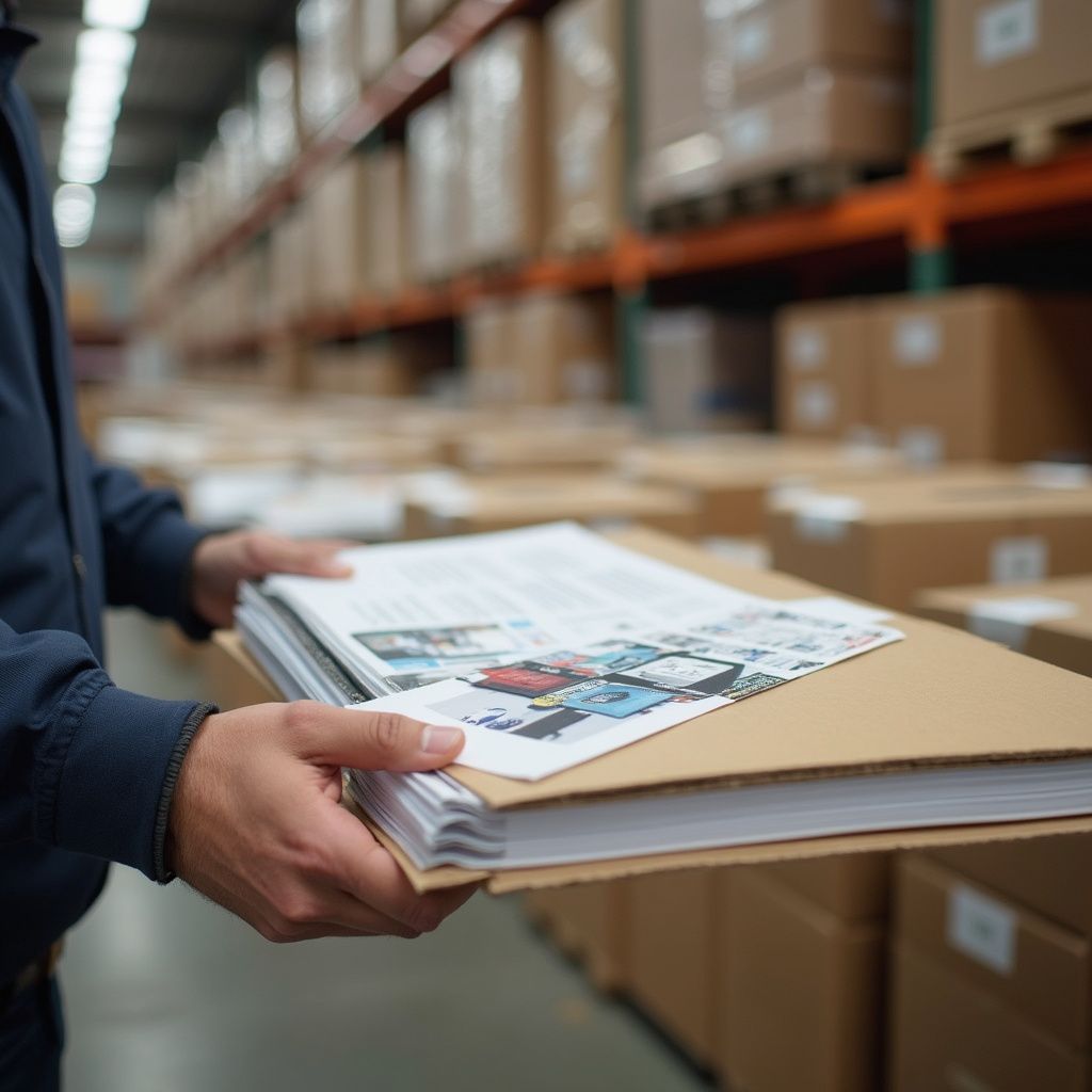 Person in warehouse holding a stack of papers and a folder. Boxes are stacked on shelves in the background.