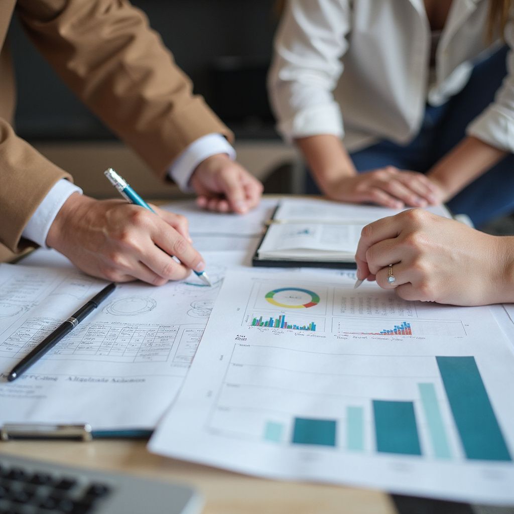 People reviewing charts and graphs at a table. Hands pointing, writing, and holding pens over documents.
