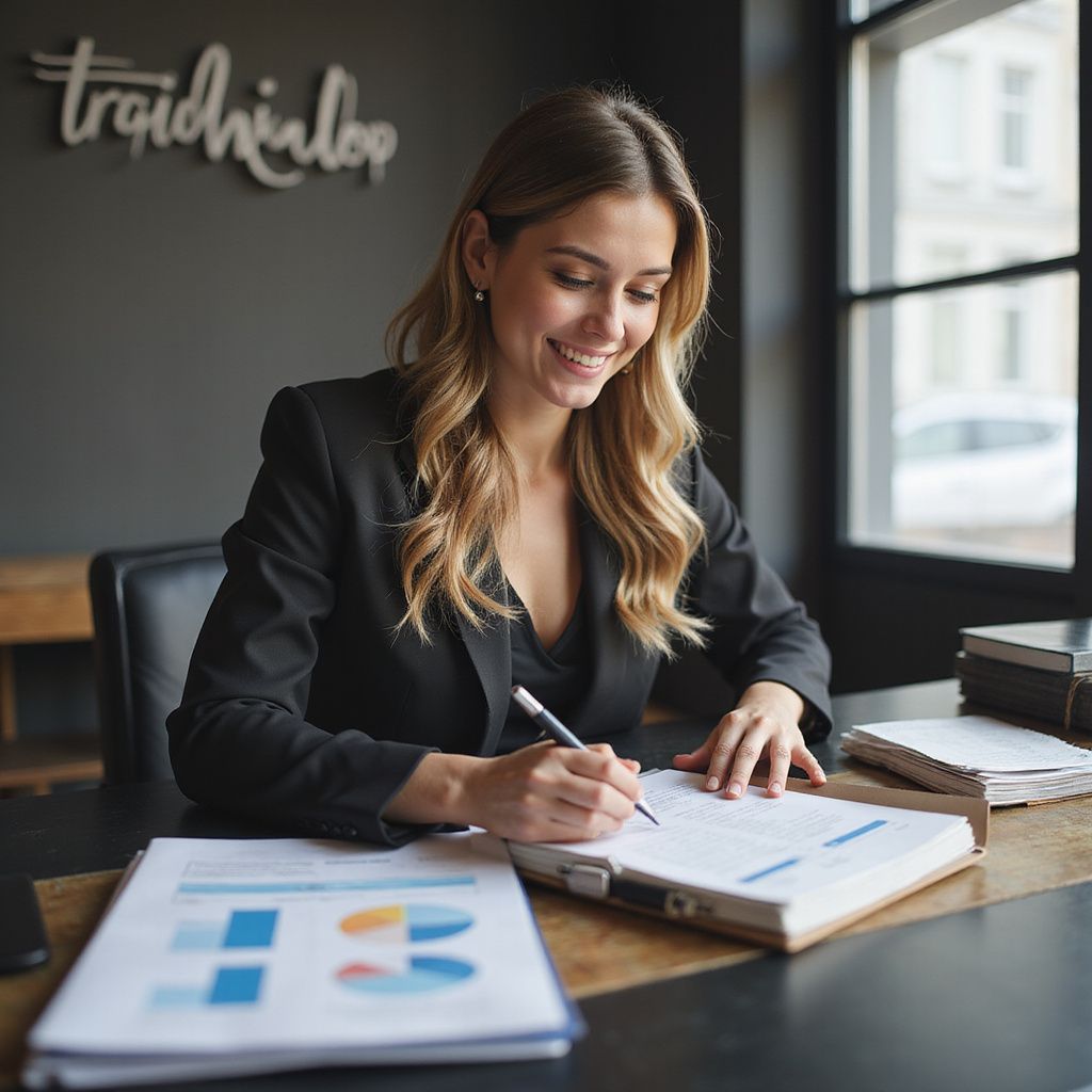 Woman in black blazer smiles while writing at a desk with paperwork and charts.