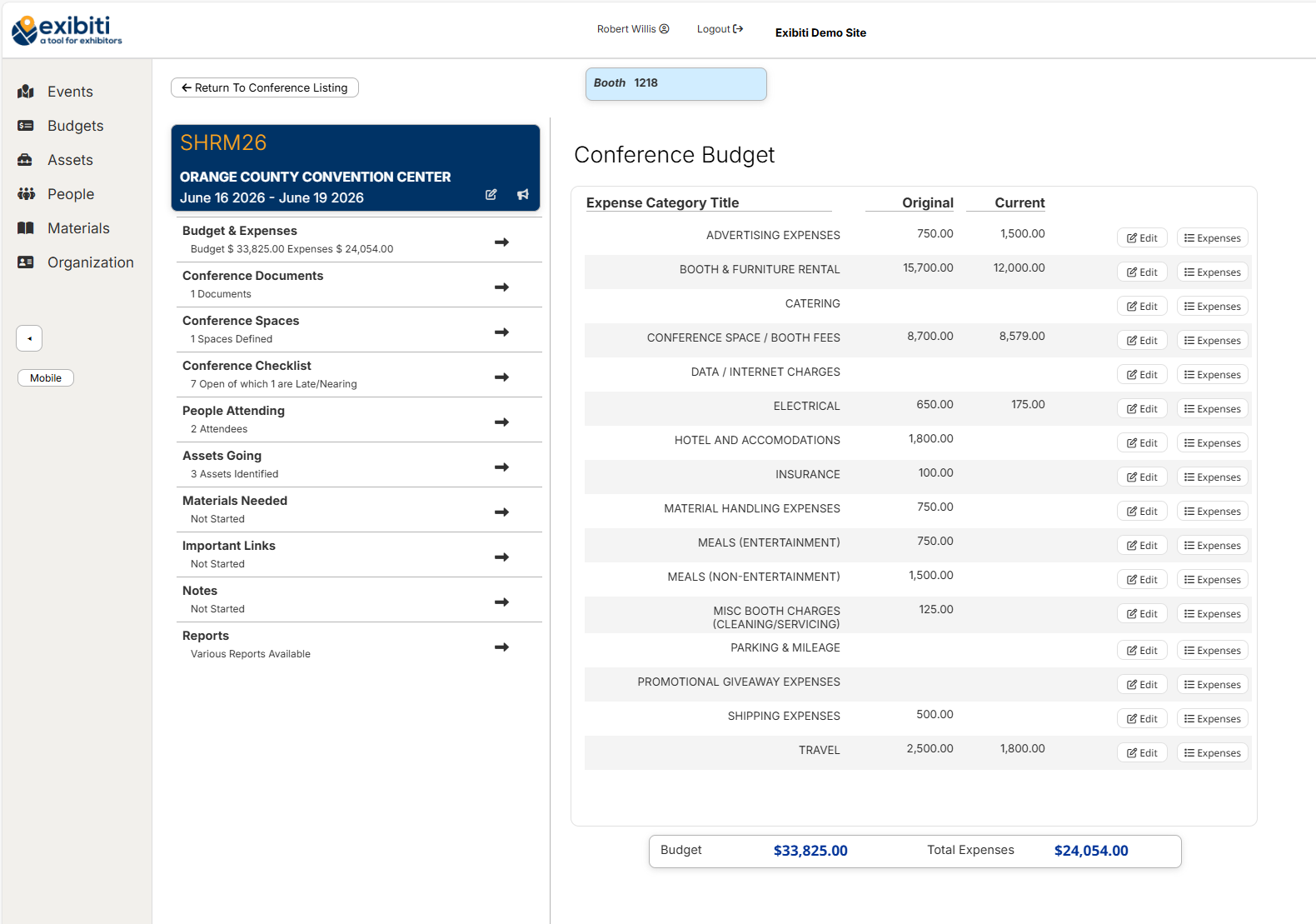 Screenshot of a budget management interface displaying financial data organized in a table.