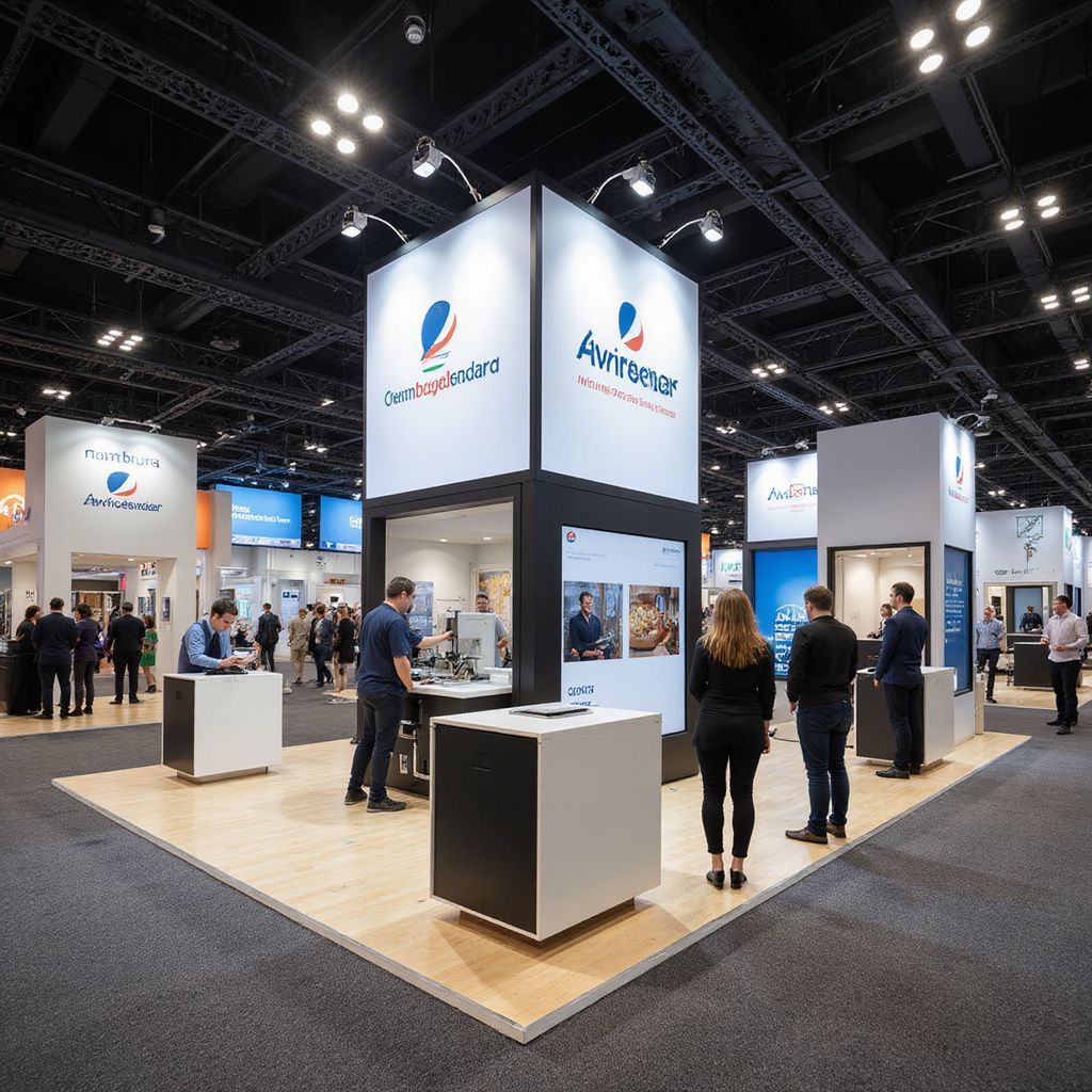 Trade show booth with people viewing product displays. White and black signage with company logo.