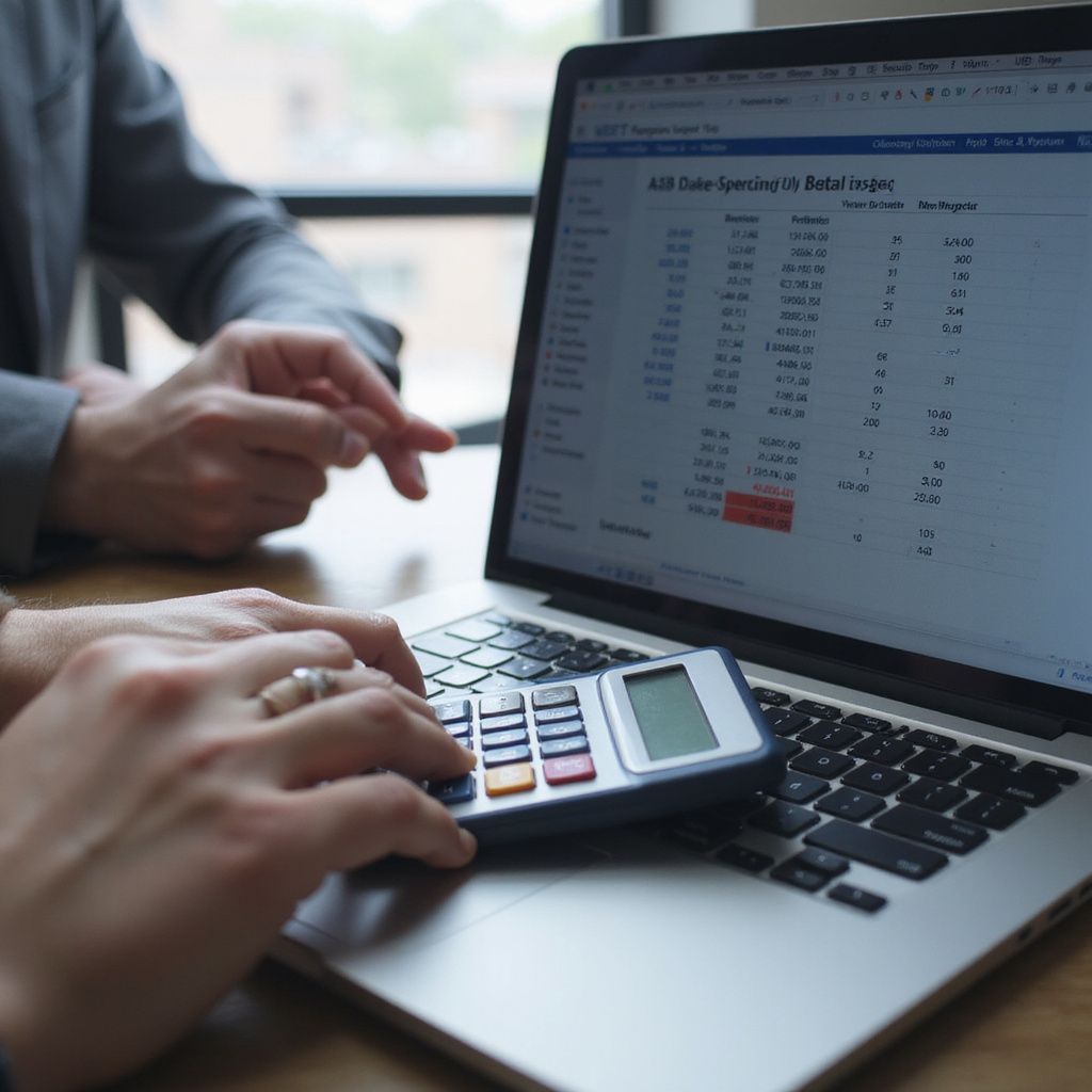 Two people reviewing financial data on a laptop, one using a calculator.
