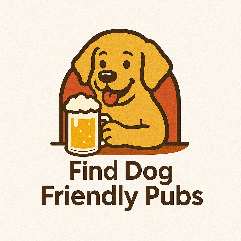 Find Dog Friendly Pubs cartoon logo showing a dog with a pint of beer in a pub