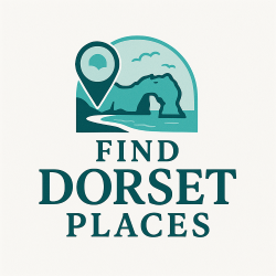 Find Dorset Places logo featuring Dorset map pin and Durdle Door landmark