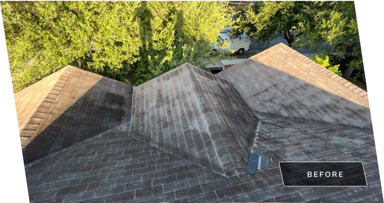 A before and after photo of a roof with trees in the background.