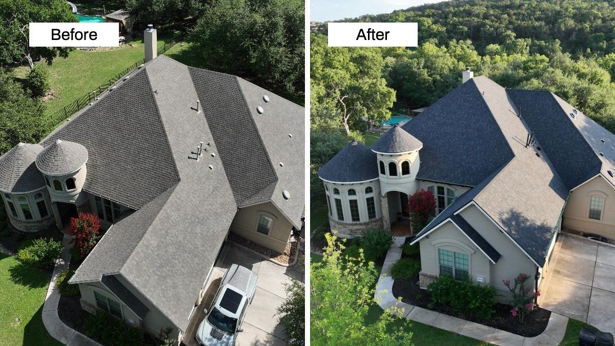 Before and after roof replacement showcasing curb appeal in Austin, TX