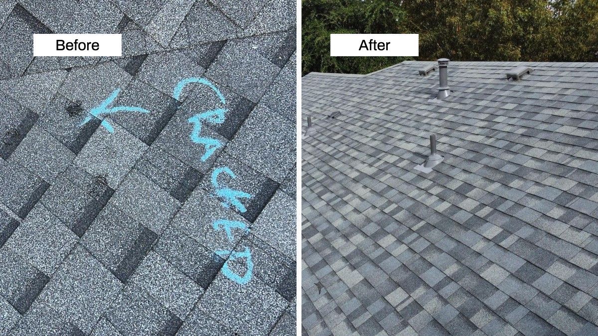 Storm-damaged roof next to a fully repaired roof after hail damage in Waco, TX