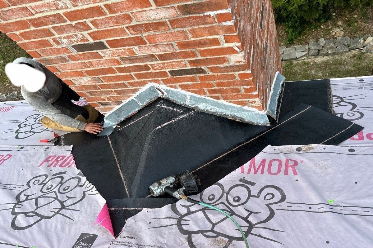 Before-and-after of a winterized roof in Central Texas, completed by Risner Roofing. Placing ice and water shield around the chimney