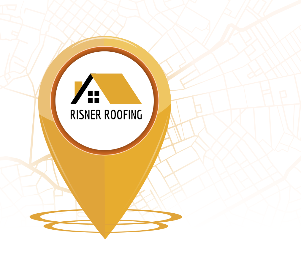 A map pin with the logo for risner roofing on it.