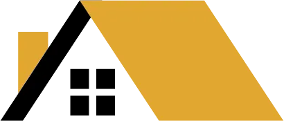 A yellow house with a black roof and two windows.