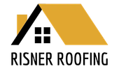 The logo for risner roofing shows a house with a yellow roof.