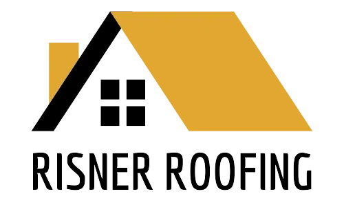 The logo for risner roofing shows a house with a yellow roof.