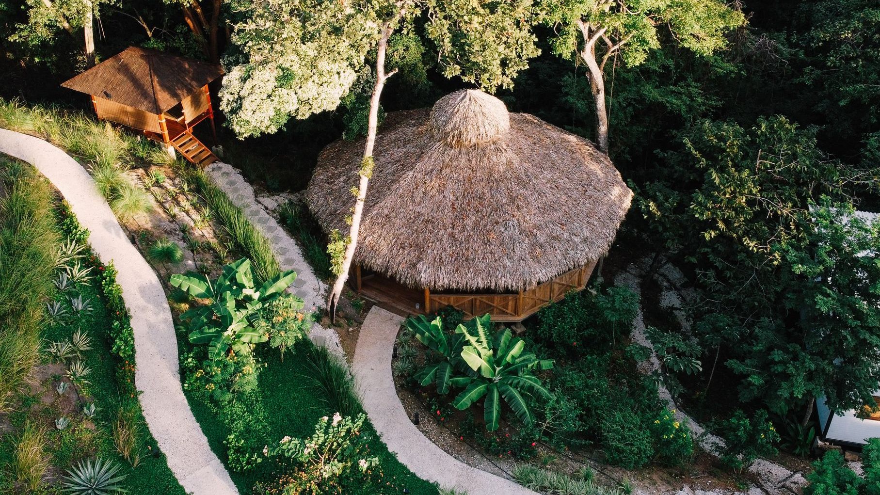 Aerial view of two thatched-roof huts nestled among lush green vegetation and winding stone pathways.