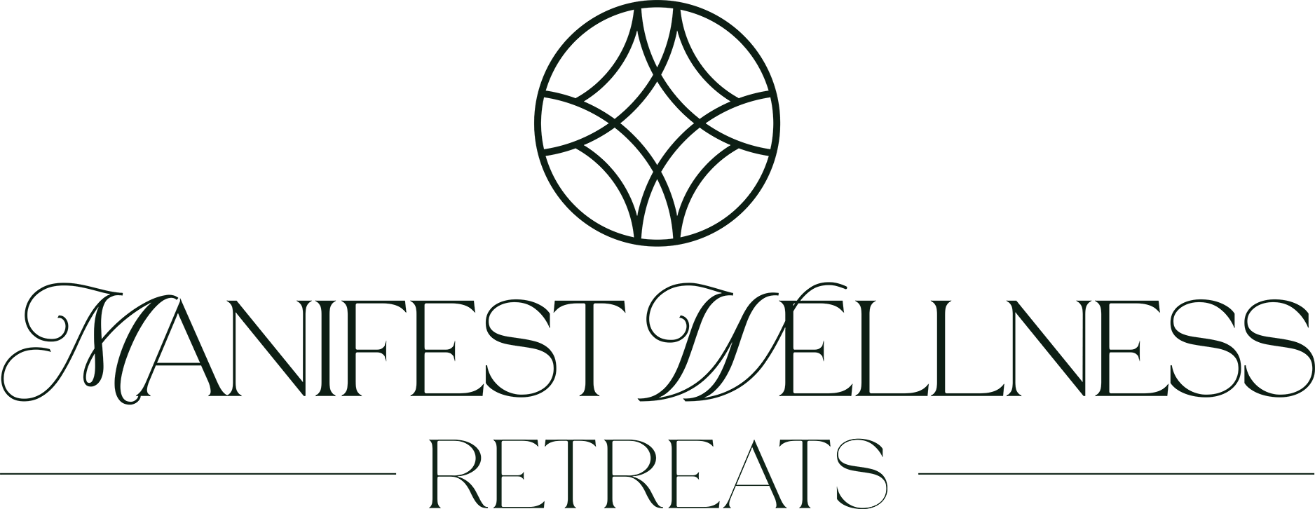 Logo for Manifest Wellness Retreats, featuring stylized text and a geometric design.