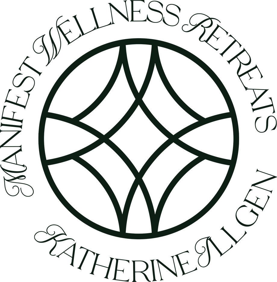 Logo for Manifest Wellness Retreats by Katherine Allen, featuring a circular design with an interwoven pattern inside.