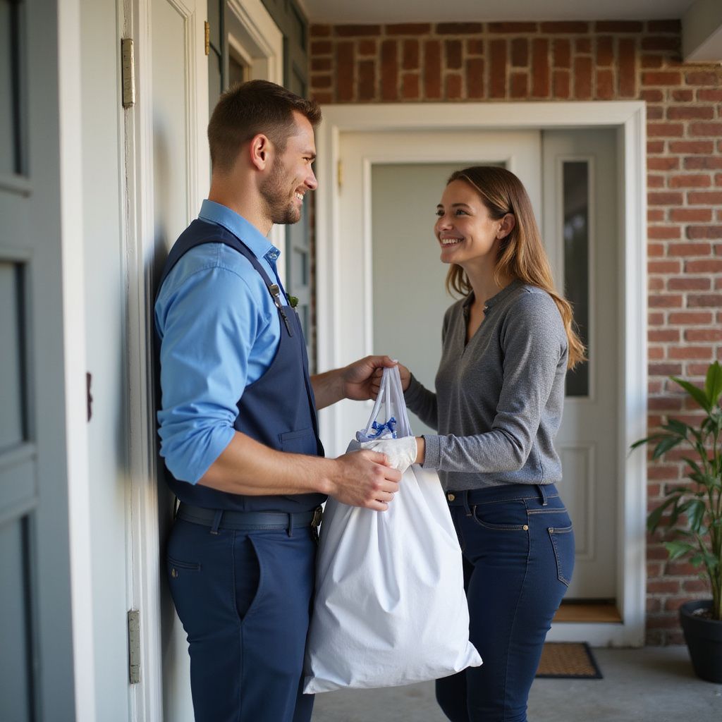 Un livreur tend un sac blanc à une femme à l'entrée d'une maison. Ils se sourient.