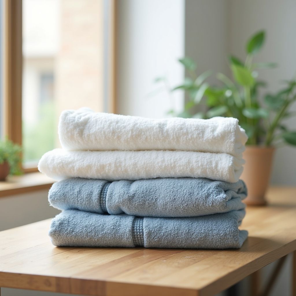 Pile de serviettes pliées blanches et bleues sur une table en bois, avec une fenêtre ensoleillée et une plante en arrière-plan.