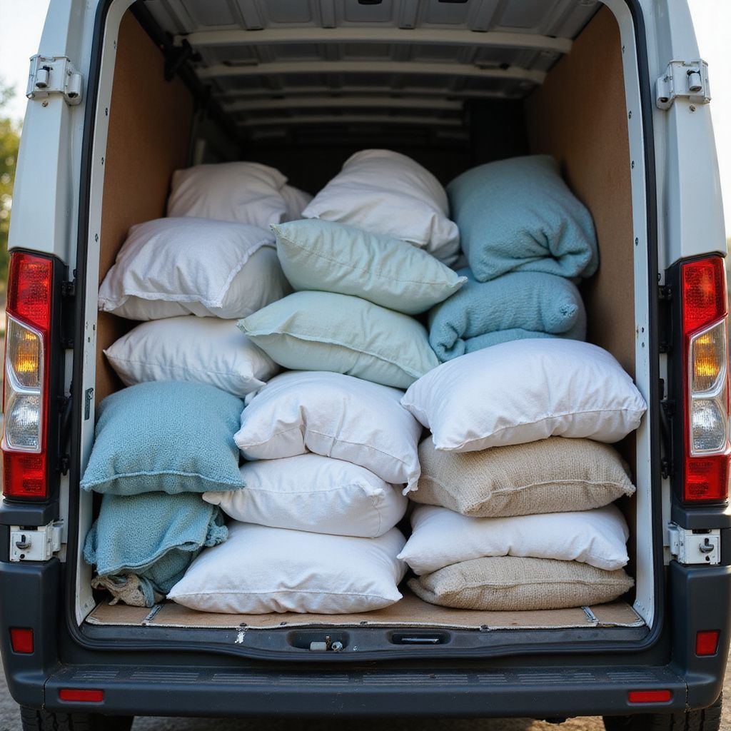 Une camionnette remplie de divers oreillers dans des tons de blanc, bleu et beige, ouverte à l'arrière.