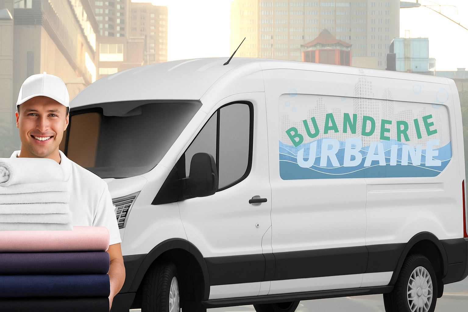 Un homme en uniforme blanc tenant du linge souriant à côté d'une camionnette blanche avec 