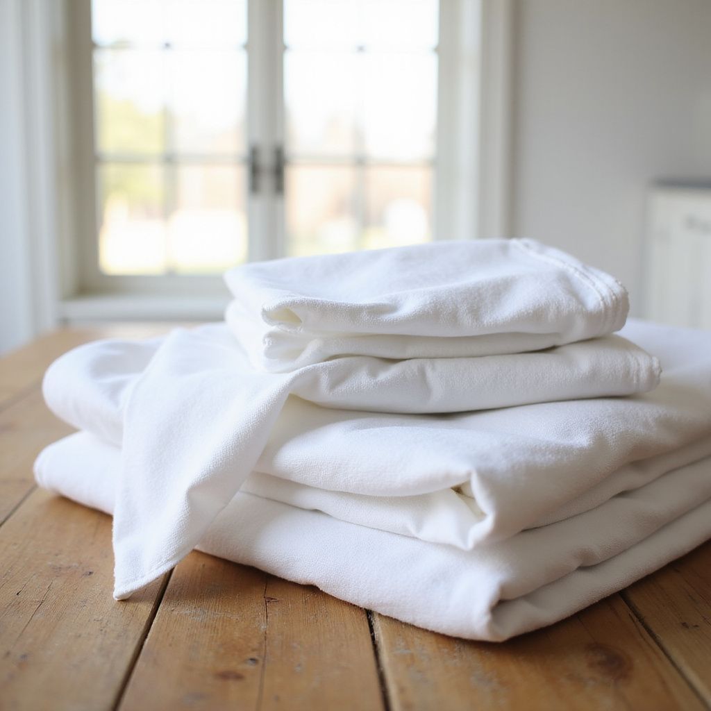 Draps blancs pliés sur une table en bois, près d'une fenêtre.