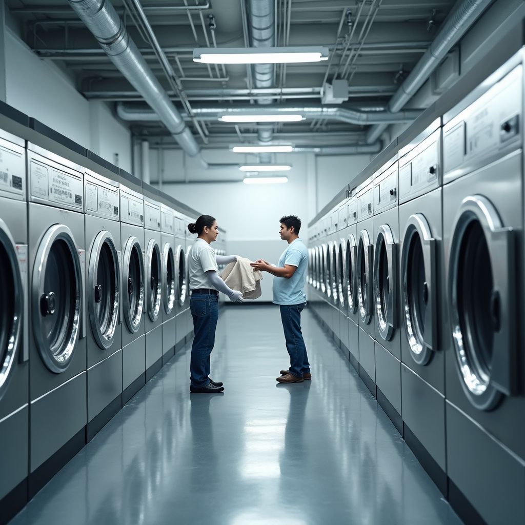 Deux personnes dans une laverie automatique échangent leur linge. Des rangées de machines à laver les encadrent, avec des néons au-dessus.