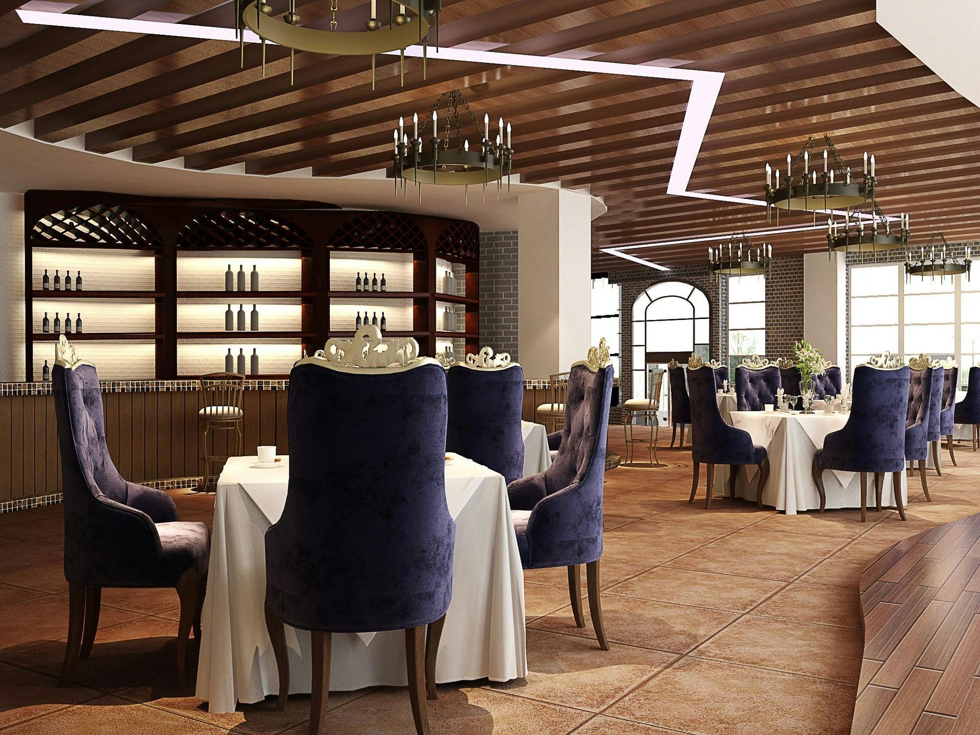 A restaurant with tables and chairs and a bar